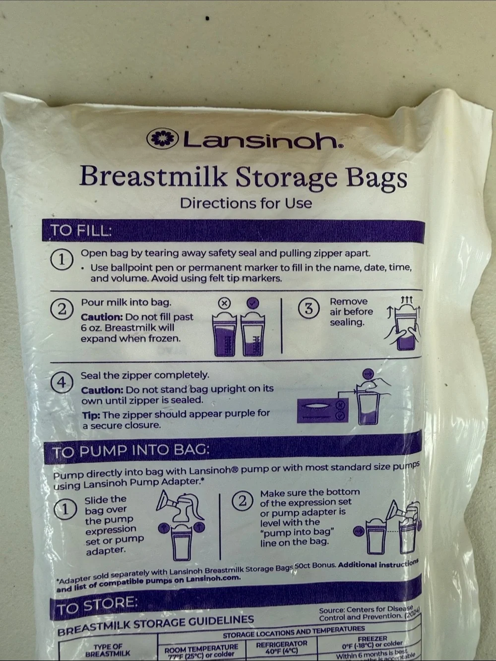 Lansinoh White Breastmilk Storage Bags with Instruction Labels new